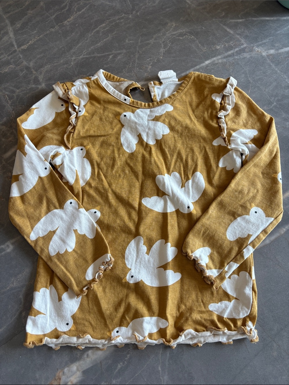 H&M Mustard Yellow Long Sleeve Top with White Bird Print and Ruffle Trim